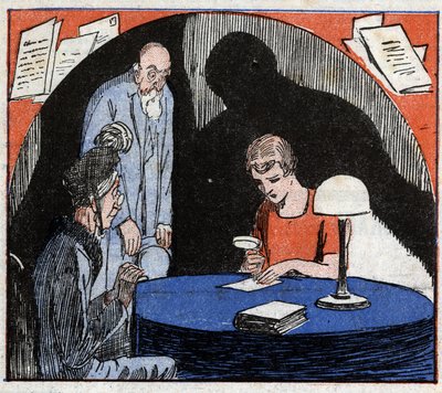 Grafologia: um grafólogo, consultado por um casal de idosos, lê com uma lupa a escrita manuscrita de um indivíduo para deduzir características psicológicas. Gravura em "Le Petite Journal illustrious" 1926. Coleção particular. de Anonymous Anonymous