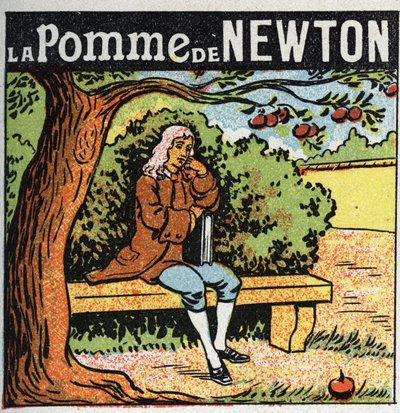 Gravitação: A maçã de Newton. Isaac Newton (1642-1727) observa uma maçã a cair de uma macieira e descobre as leis da gravidade da terra (gravite). Ilustração anônima de 1925. Coleção particular. de Anonymous Anonymous