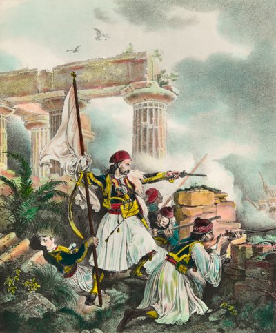 Guerra da Independência da Grécia contra o Império Otomano: a bandeira sobe para Salona por Nickolaki Mitropolos após a revolta de 25/03/1821. Litografia da Coleção Privada do século XIX de Anonymous Anonymous