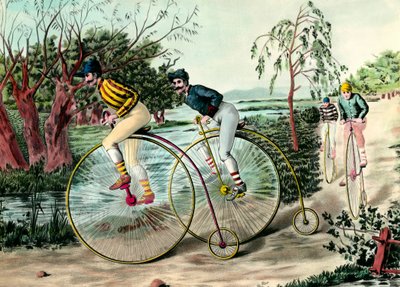 História da bicicleta: Corrida de grandes bi (grand bi). Gravura do século XX. Colecção privada de Anonymous Anonymous