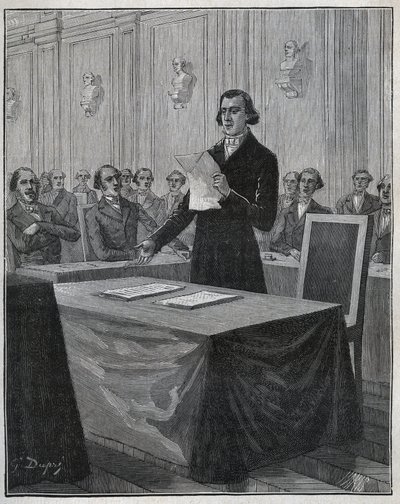 Jean Baptiste (Jean-Baptiste) Andre Dumas (1800-1884) químico francês apresentou à Academia de Ciências o seu relatório sobre a invenção Ruolz e Elkington. Gravura de 1885 em "Les arts et metiers illustres" de Adolphe BITARD. de Anonymous Anonymous