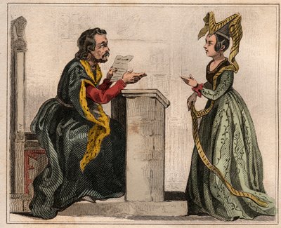 Jehan Pastoret (1328-1405), Presidente do Parlamento de Paris sob o reinado de Carlos V com uma mulher nobre, vestindo um liripião. Gravura de 1859 em "Le Monde. História de todos os povos desde os tempos mais remotos até os dias de hoje". por M. E. de Los de Anonymous Anonymous
