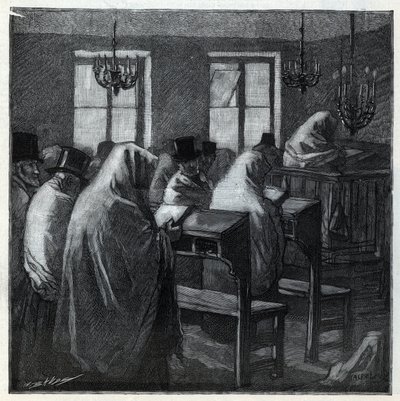 Festas judaicas: fideles durante a oração dentro de um oratório durante as férias. Gravura em "Le monde illustree" de 1892. Coleção particular. de Anonymous Anonymous