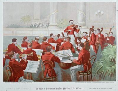 Johann Strauss filho dirigindo a sua orquestra durante um jogo de futebol ... (litografia) de Anonymous Anonymous