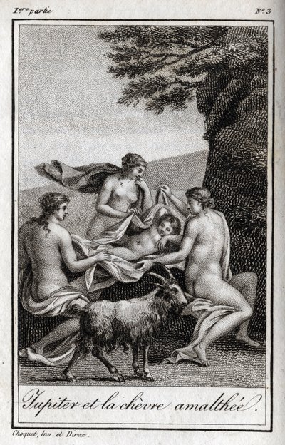 Criança de Júpiter alimentada pela cabra Amalthee. Gravura de 1819 em "Lettres a Emilie sur la mythologie" de Charles Albert Demoustier (1760-1801). Coleção privada. de Anonymous Anonymous