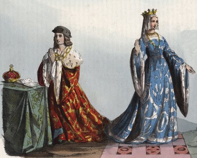 Rei Henrique VI de Inglaterra e sua Rainha Consorte Margarida de Anjou - Henrique VI de Inglaterra (1421 - 1471) e Margarita de Anjou (1429 - 1482) - gravura de "Usi e Costumi di Tutti i Popoli dell