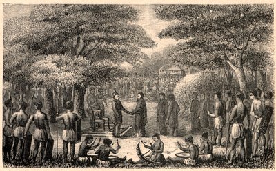 O rei Lebuschi dá as boas-vindas a Henri Depelchin (1822-1900), missionário jesuíta e primeiro superior da missão do Alto Zambeze em África. Gravura em "Les Missions Catholiques au XIXeme Siecle" de Louis-Eugene (Louis Eugene) Louvet. colecção privada. de Anonymous Anonymous