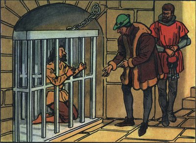 O Rei Luís XI visitando as jaulas da prisão da Bastilha. Ilustração anónima na "Collection des souverains et chefs d