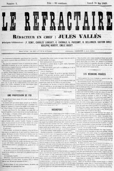 A primeira página da primeira edição do jornal "Le refractaire", editor-chefe: Jules Vallès, segunda-feira, 10 de maio de Anonymous Anonymous