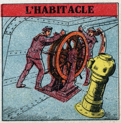 Magnetismo terrestre: dois marinheiros manobrando o leme de um navio olhando para o cockpit, uma caixa de cobre na qual se encontra um compacto. Ilustração anónima de 1925. Colecção privada. de Anonymous Anonymous