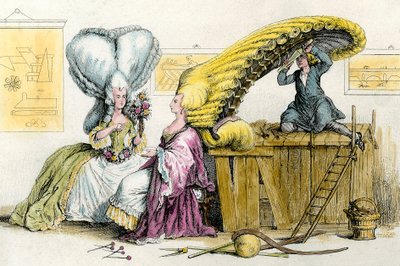 Grandes penteados excêntricos: jovens mulheres da nobreza penteadas por uma peruca. Gravura de 1788 Private Collection de Anonymous Anonymous