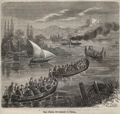 Le bagne de Toulon - une chaine descendant le Rhone - Engraving in "Histoire des bagnes depuis leur création à nos jours" (1877) por Pierre Zaccone (1817-1895) (Colonia Penale - colônia penal) de Anonymous Anonymous