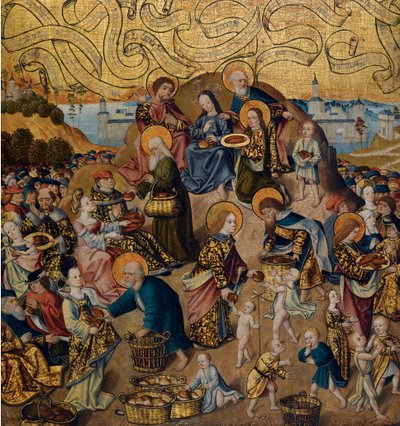 "The Miracle of the Five Loaves and Two Fishes by Anonymous c 1500 - Óleo sobre madeira, 68,9x62,7 - Coleção Privada de Anonymous Anonymous