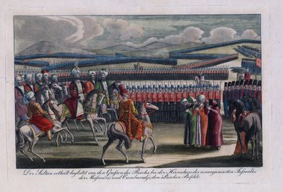 "Sultão Otomano Selim III (1761-1808) revendo a sua nova infantaria" Gravura anónima 1806 Colecção privada de Anonymous Anonymous