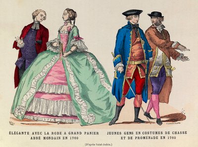Esquerda: Elegante com um vestido de cesta grande, mondain abbe em 1760/direita: Jovens de caça e traje de passeio em 1760 (regne do rei Luís XV) - coleção particular de Anonymous Anonymous
