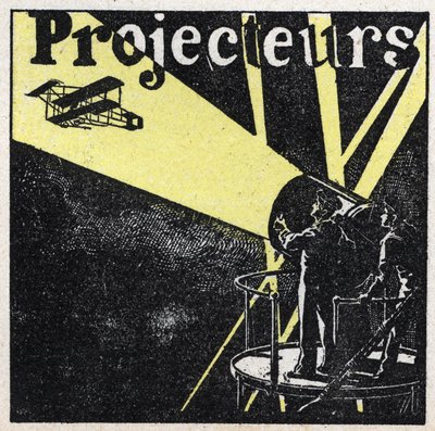 Reflexão de luz: holofotes usados para avistar um avião no céu à noite. Ilustração anônima de 1925. Coleção particular. de Anonymous Anonymous