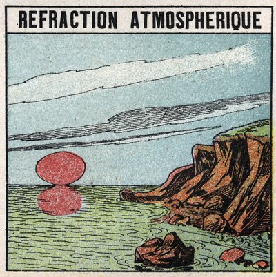 Refracção da luz: A refracção atmosférica dá a ilusão de que o sol é maior ao nascer ou ao pôr-do-sol do que ao zénite. Ilustração anônima de 1925. Coleção particular. de Anonymous Anonymous