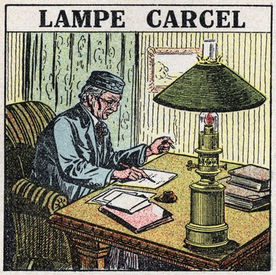 Fontes de luz: Candeeiro Carcel, inventado por Guillaume Carcel (1750-1812) e que utiliza óleo vegetal. Ilustração anónima a partir de 1925. Coleção particular. de Anonymous Anonymous