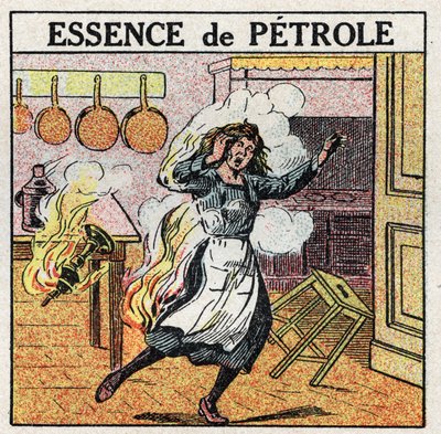 Fontes de luz: uma mulher pegou fogo enquanto manipulava uma lâmpada usando gasolina de petróleo. Ilustração anónima de 1925. Coleção privada. de Anonymous Anonymous