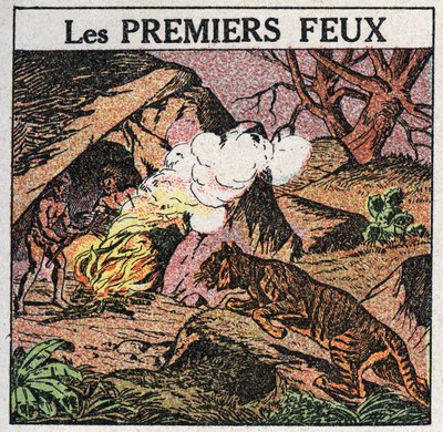 Fontes de luz: os primeiros incêndios dos homens pré-históricos. Ilustração anónima de 1925. Coleção privada. de Anonymous Anonymous