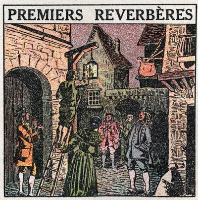 Fontes de luz: os primeiros reverberes instalados na França em 1677. Ilustração anónima a partir de 1925. Coleção privada. de Anonymous Anonymous