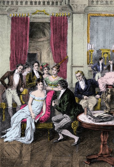 Salão de Liteira: "Em torno da Madame Recamier" Madame Juliette Recamier (1777-1849) rodeada de personalidades literárias e políticas: Charles Nodier (1780-1844), François Rene Visconde de Chateaubriand (1768-1848), Sophie Gay (1776-1852), Benjamin Constan de Anonymous Anonymous