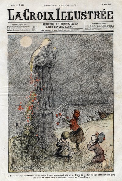 Os pequenos bretões pedem à divina estrela do mar para trazer de volta o seu pai que acaba de partir para a perigosa viagem da Terra Nova - cobertura da "La-Croix-Illustree" de 1905 de Anonymous Anonymous