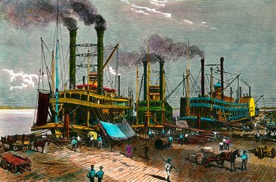 Carregamento de algodão em barcos a vapor no Mississippi para Nova Orleans (Nova Orleans). Gravura do século XIX. Colecção privada de Anonymous Anonymous