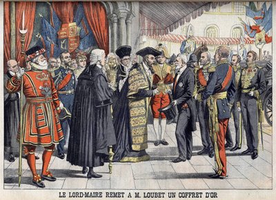 Londres, Grã-Bretanha. Sir Marcus Samuel apresenta o Presidente Emile Loubet com uma caixa dourada após a recepção no Guildhall. Le petit Journal, Julho de 1903. de Anonymous Anonymous