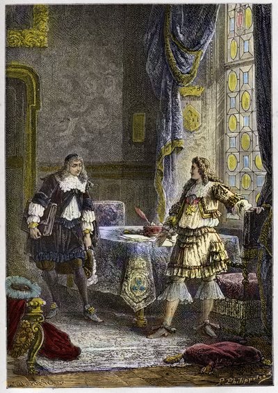 Luís XIV congedie Nicolas Fouquet - Luís XIV demitindo o Superintendente de Finanças, Nicolas Fouquet - gravura de "L