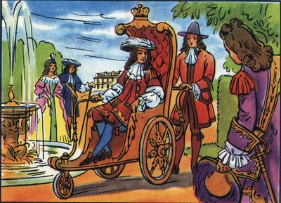 Luís XIV tem o passeio, o Rei da França Luís XIV (1638-1715), sentado numa cadeira de rodas, caminhando no parque de Versalhes. Ilustração anónima na "Collection des souverains et chefs d