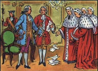 Luís XV (1710-1774), rei da França, decompõe as decisões do parlamento. Ilustração anónima na "Collection des souverains et chefs d