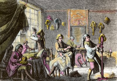 Moda Luís XV: vista para o interior de um cabeleireiro de peruca. Gravura por volta de 1755. Colecção privada de Anonymous Anonymous