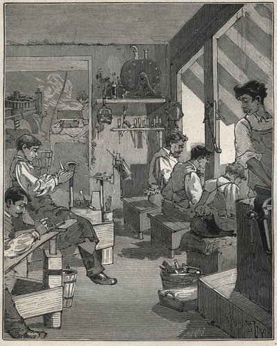 Fabricação de pentes em uma oficina na França no século XIX. Gravura de 1885 em "Les arts et metiers illustres" de Adolphe BITARD. de Anonymous Anonymous