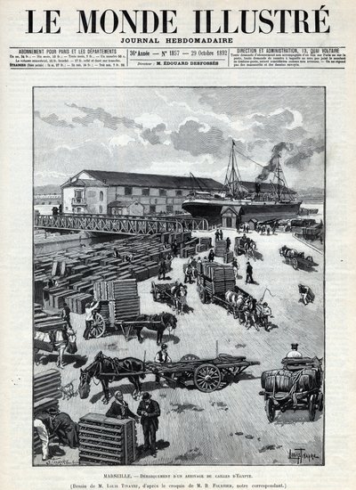 Comércio marítimo: descascamento de uma chegada de codornizes do Egito no porto de Marselha. Um jornal. Gravura em "Le monde illustree" de 1892. Colecção privada. de Anonymous Anonymous