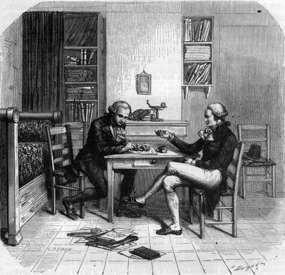 Maximilien de Robespierre 1758-1794, político francês, membro do Comité de Segurança Pública com Maurice Duplay no seu quarto - Chambre de Maximilien de Robespierre chez Maurice Duplay (1736-1820) rue Saint-Honore a Paris - Gravação em "Histoire des Gi de Anonymous Anonymous