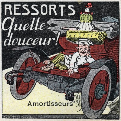 Tração mecânica: molas de choque de um automóvel. Ilustração anónima de 1925. Colecção privada. de Anonymous Anonymous