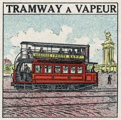 Tração mecânica: o bonde a vapor surgiu em Paris no final do século XIX na linha da Bastilha - porta Bapp. Ilustração anónima a partir de 1925. Coleção particular. de Anonymous Anonymous