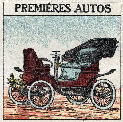 Tração mecânica: os primeiros carros a gasolina inventados em 1895 por Panhard e Levassor. Ilustração anónima a partir de 1925. Colecção privada. de Anonymous Anonymous