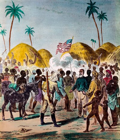 Reunião do jornalista Henry Morton Stanley (1841-1904) e David Livingstone (1813-1873), médico e explorador britânico, em 10/11/1871 na Tanzânia. Gravura da coleção privada do século XIX de Anonymous Anonymous