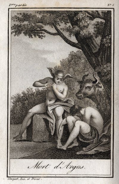Mercúrio e Argus (Mercúrio e Argus). Morte de Argus: Mercúrio tocado pela flauta para adormecer Argus e deliciar a ninfa Io, transformada em vaca. Gravura de 1819 em "Lettres a Emilie sur la mythologie" de Charles Albert Demoustier (1760-1801). de Anonymous Anonymous