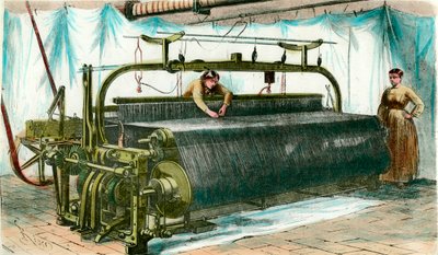 Metier para tecelagem mecânica numa grande fábrica. Gravação por volta de 1860. de Anonymous Anonymous