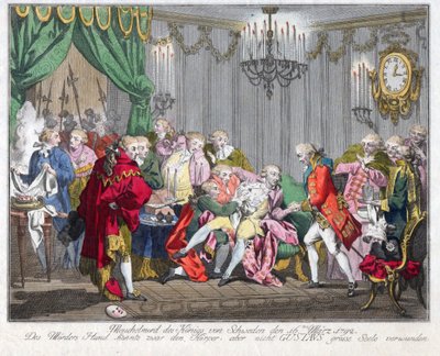 Mort de Gustave III de Suede (1746-1792) - O Assassinato do Rei Gustav III em 16 de Março de 1792 - Anónimo - 1792 - Gravura, aguarela - 33,5x46,3 - Colecção Privada de Anonymous Anonymous