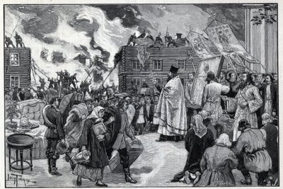 Moscovo, fogo no subúrbio de Kaluga: o clero ortodoxo apresentando as Imagens Sagradas (Holy Images) numa tentativa de proteger a cidade e os bombeiros que combatem o fogo. Gravura em "Le monde illustree" de 1892. Coleção particular. de Anonymous Anonymous