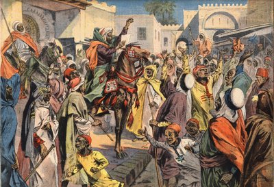 Mouley Hafid (Moulay-Hafid) proclama Sultão a Fez: os críticos públicos anunciam a proclamação à multidão. Gravura do jornal "Le Petite Parisien", 26/01/1908. Coleção privada. de Anonymous Anonymous