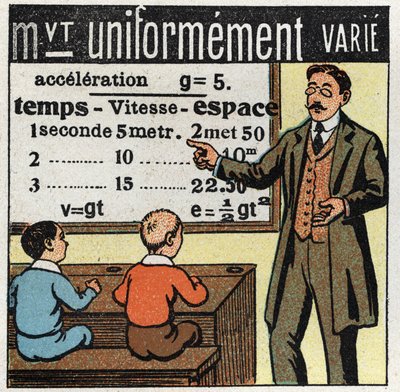 Movimentos: um professor ensina as fórmulas de movimento de forma uniforme e variável. Ilustração anônima a partir de 1925. Coleção privada. de Anonymous Anonymous