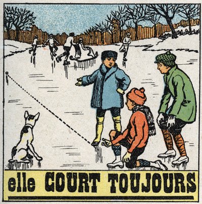 Movimentos: crianças jogando bolas no gelo gelado de um lago no inverno. Ilustração anónima de 1925. Colecção privada. de Anonymous Anonymous