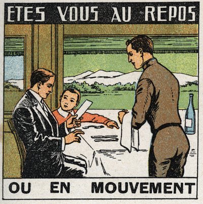 Movimentos: cena no restaurante de um comboio em que os passageiros não se movem à medida que o comboio avança. Ilustração anônima de 1925. Coleção particular. de Anonymous Anonymous