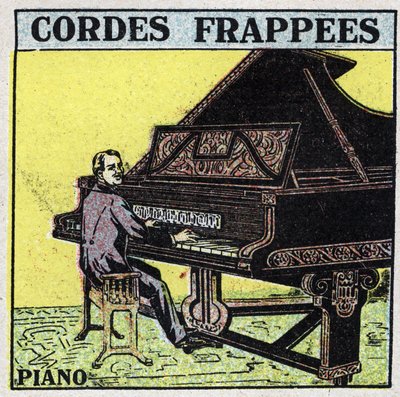 Instrumentos musicais: instrumentos de cordas com taco. Um pianista. Ilustração anónima de 1925. Coleção particular. de Anonymous Anonymous