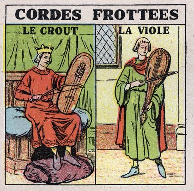 Instrumentos musicais: instrumentos de corda esfregados. Tocadores de crout e estupros na Idade Média. Ilustração anónima de 1925. Colecção privada. de Anonymous Anonymous